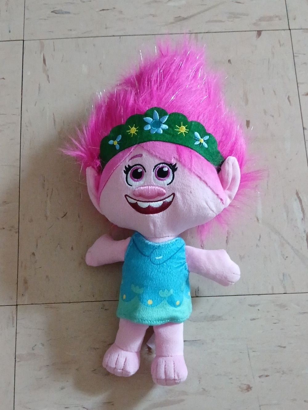 Dreamworks Pink-Haired Troll Plush with Green Flower Headband